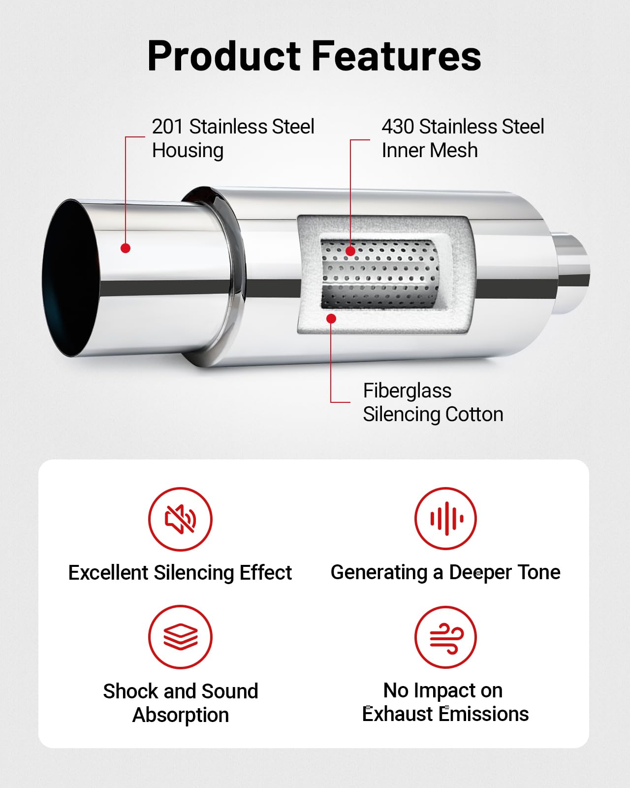 EVIL ENERGY 4-inch outlet polished tip emphasizing deep tone and corrosion resistance benefit