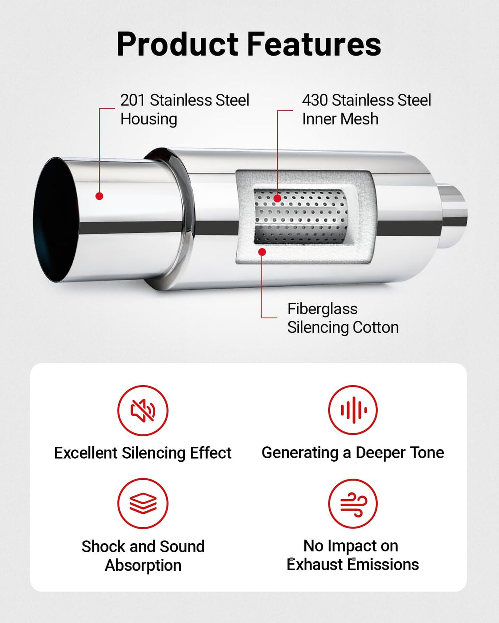 EVIL ENERGY 4-inch outlet polished tip emphasizing deep tone and corrosion resistance benefit