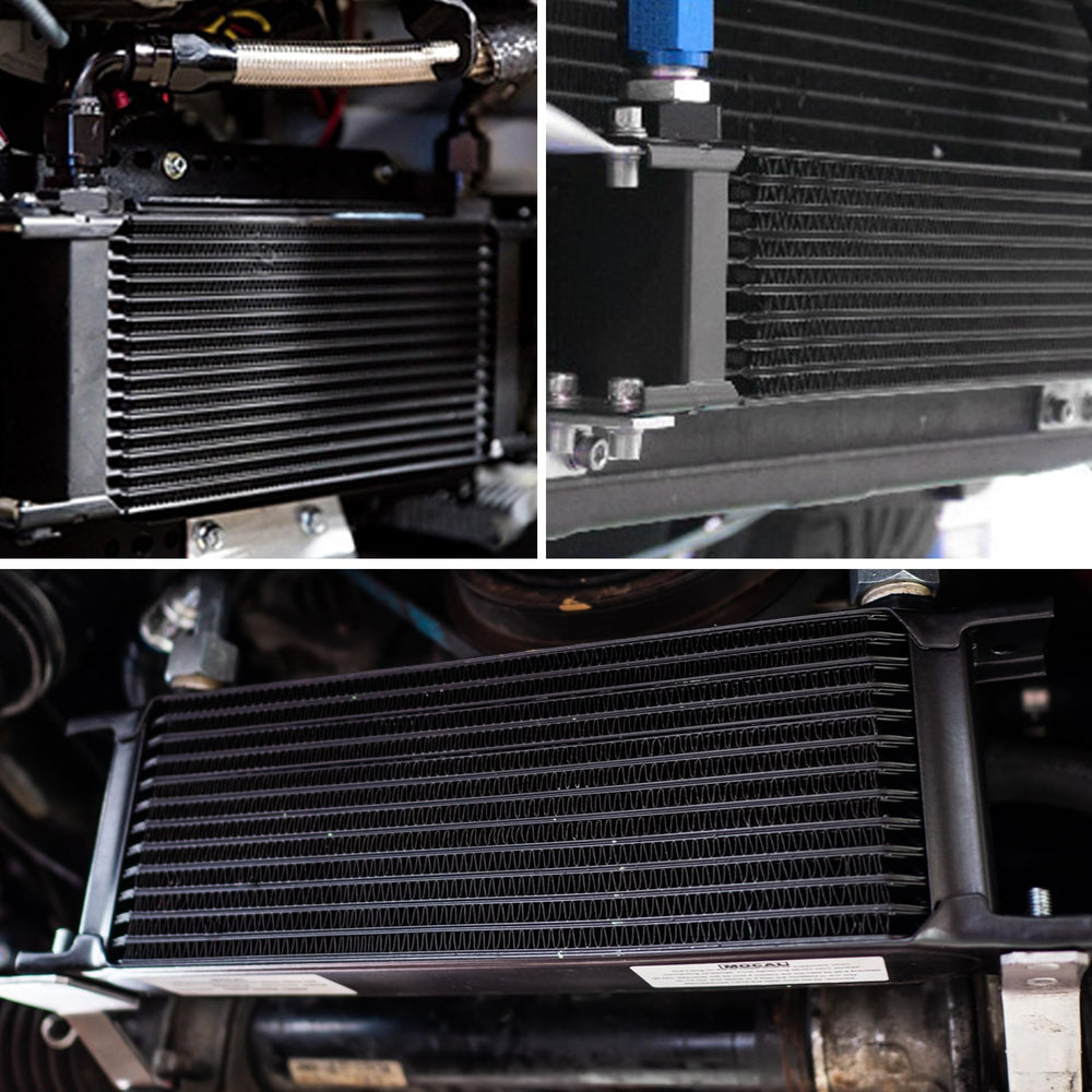 EVIL ENERGY oil cooler beside a ruler showing exact 12.91 inch length for fit checks