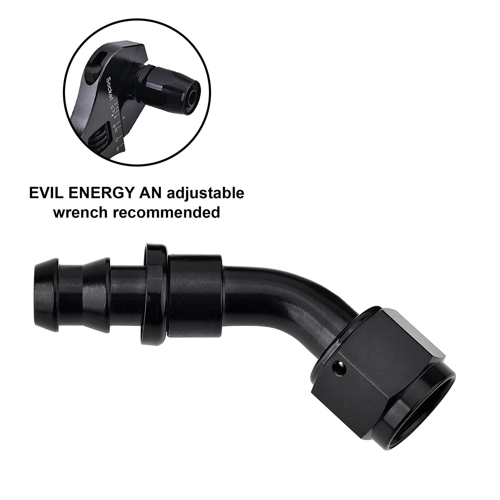 EVIL ENERGY fitting beside a coin showing size and compact 45° offset