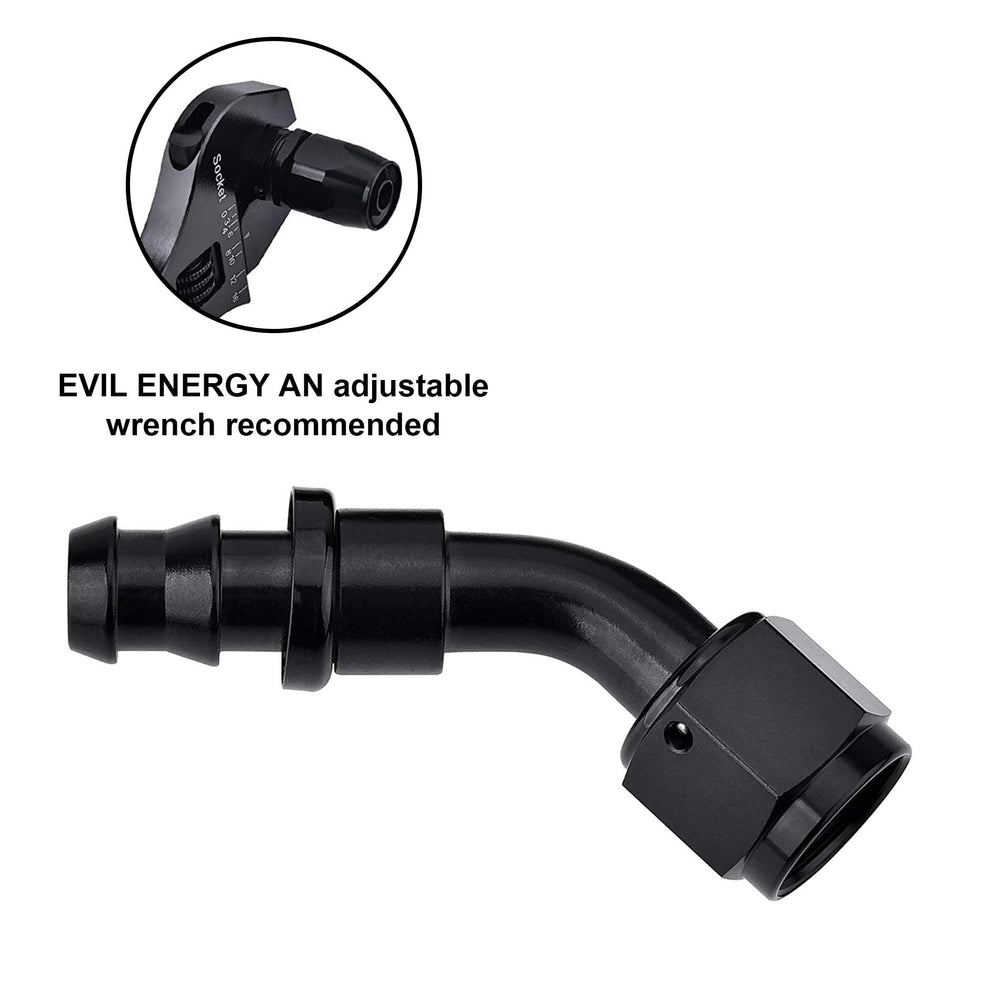 EVIL ENERGY fitting beside a coin showing size and compact 45° offset
