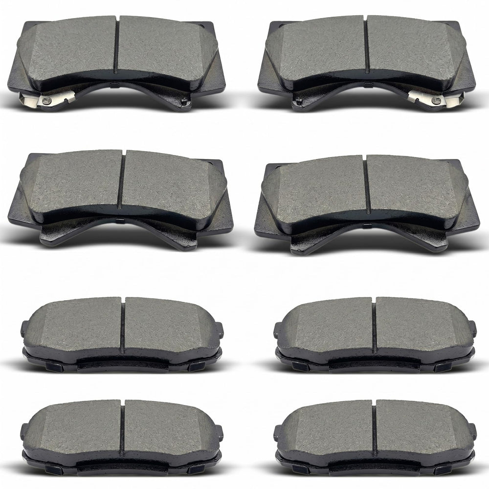evkingauto front and rear brake pads packaging showing full 8-piece kit and compatibility