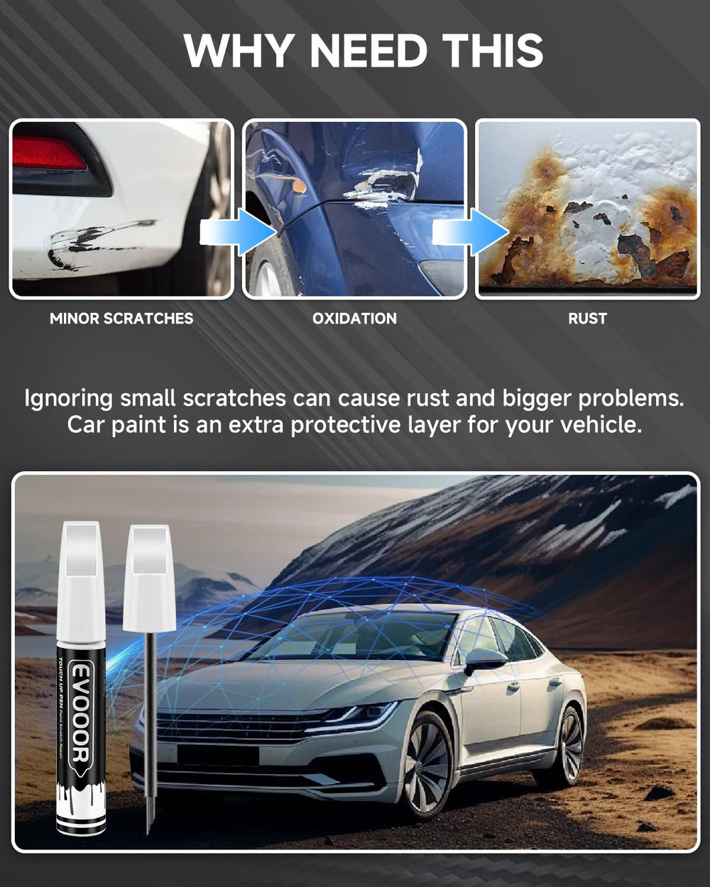 EVOOOR pen positioned on F-150 tail showing seamless repaired spot benefit