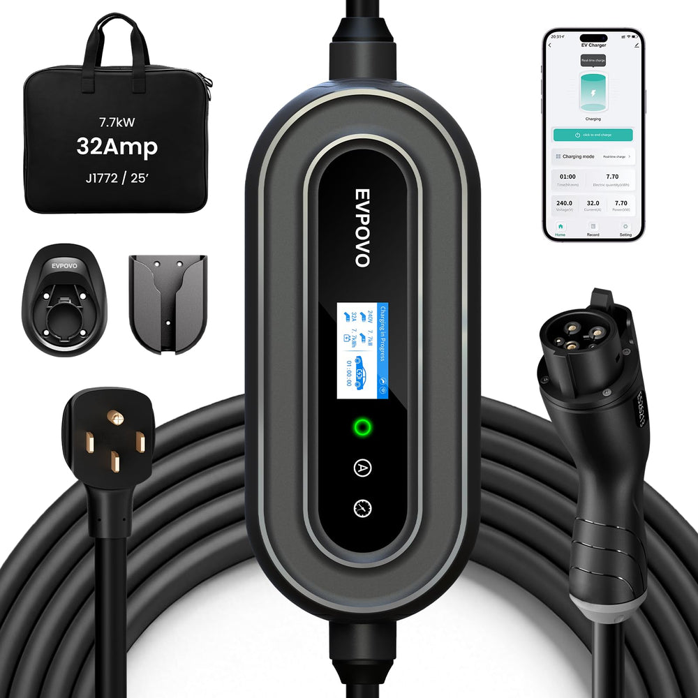 EVPOVO charger front view showing compact design and easy installation benefit