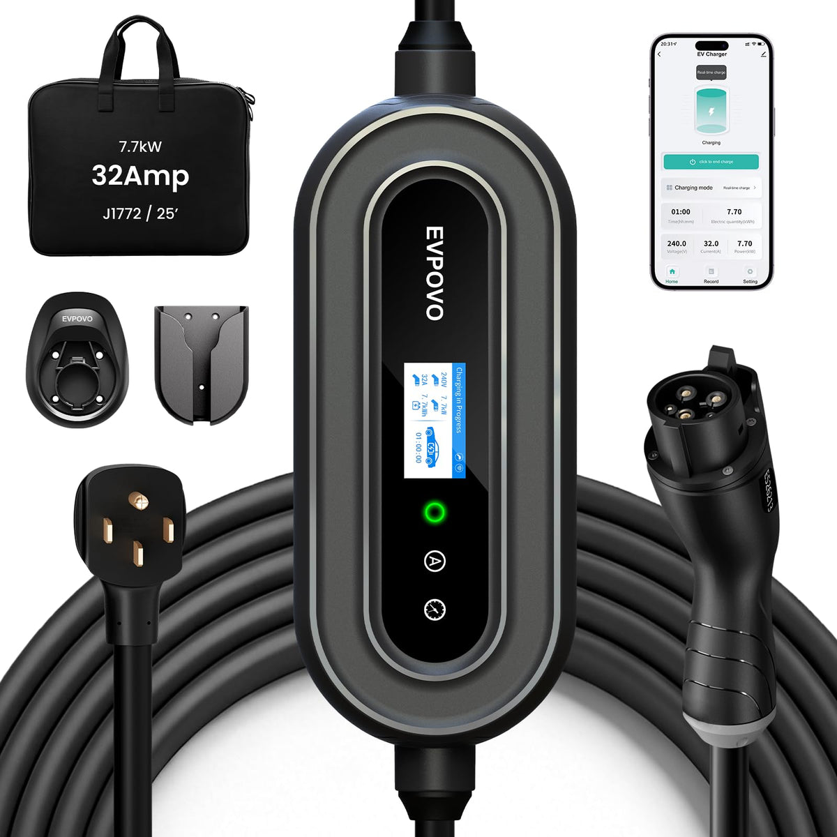 EVPOVO charger front view showing compact design and easy installation benefit
