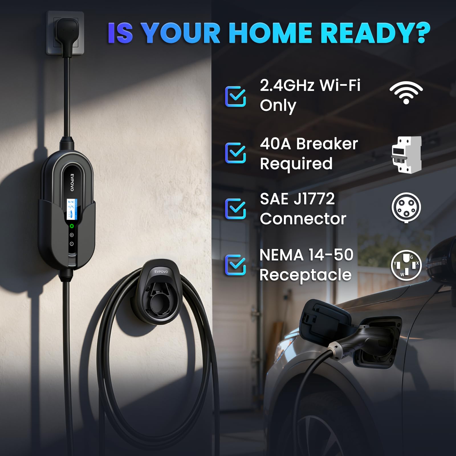EVPOVO close-up of NEMA 14-50 plug demonstrating secure home connection benefit