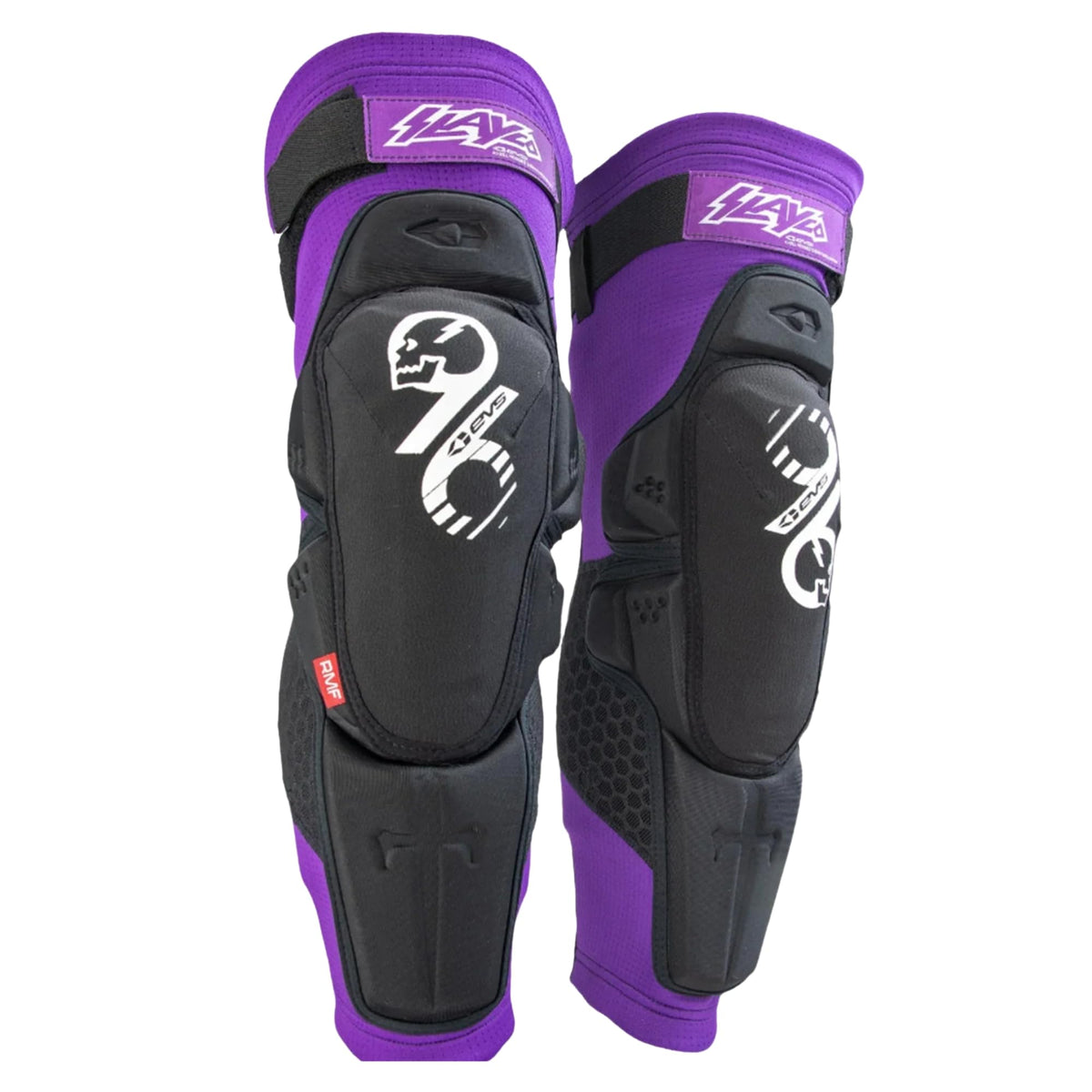 EVS Slayco96 front view showing purple knee shield and secure fit benefits