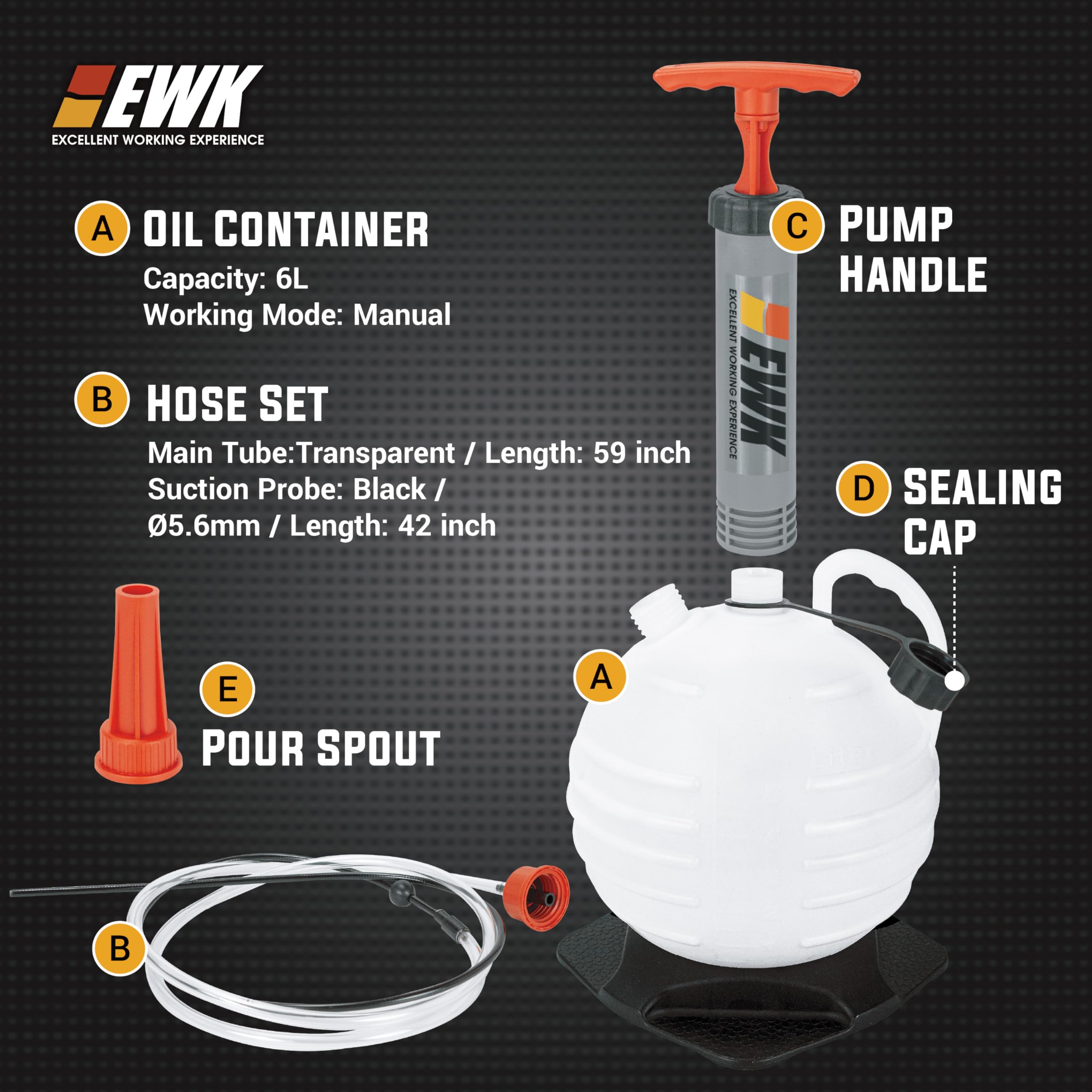 EWK clear hose detail showing 59-inch tube for visual fluid monitoring benefit