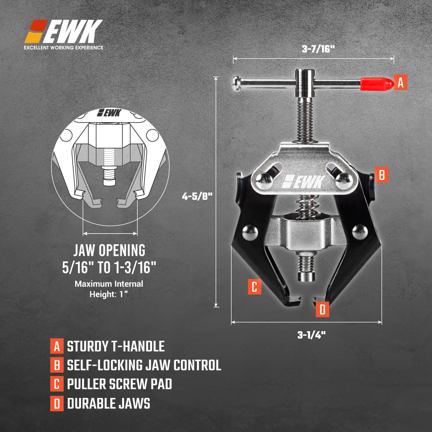 EWK close-up of self-locking jaws gripping part for secure hold
