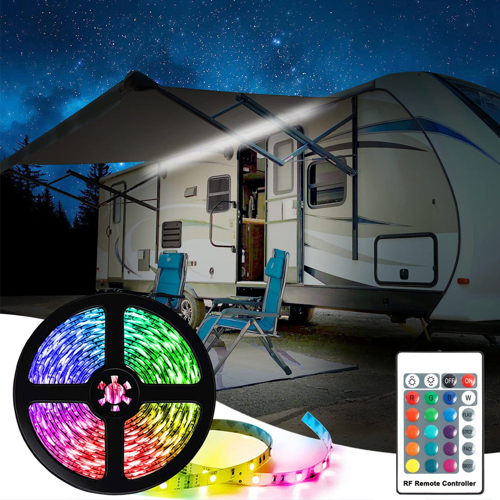 EXCELFU mounted under RV awning showing uniform bright lighting for safer entry
