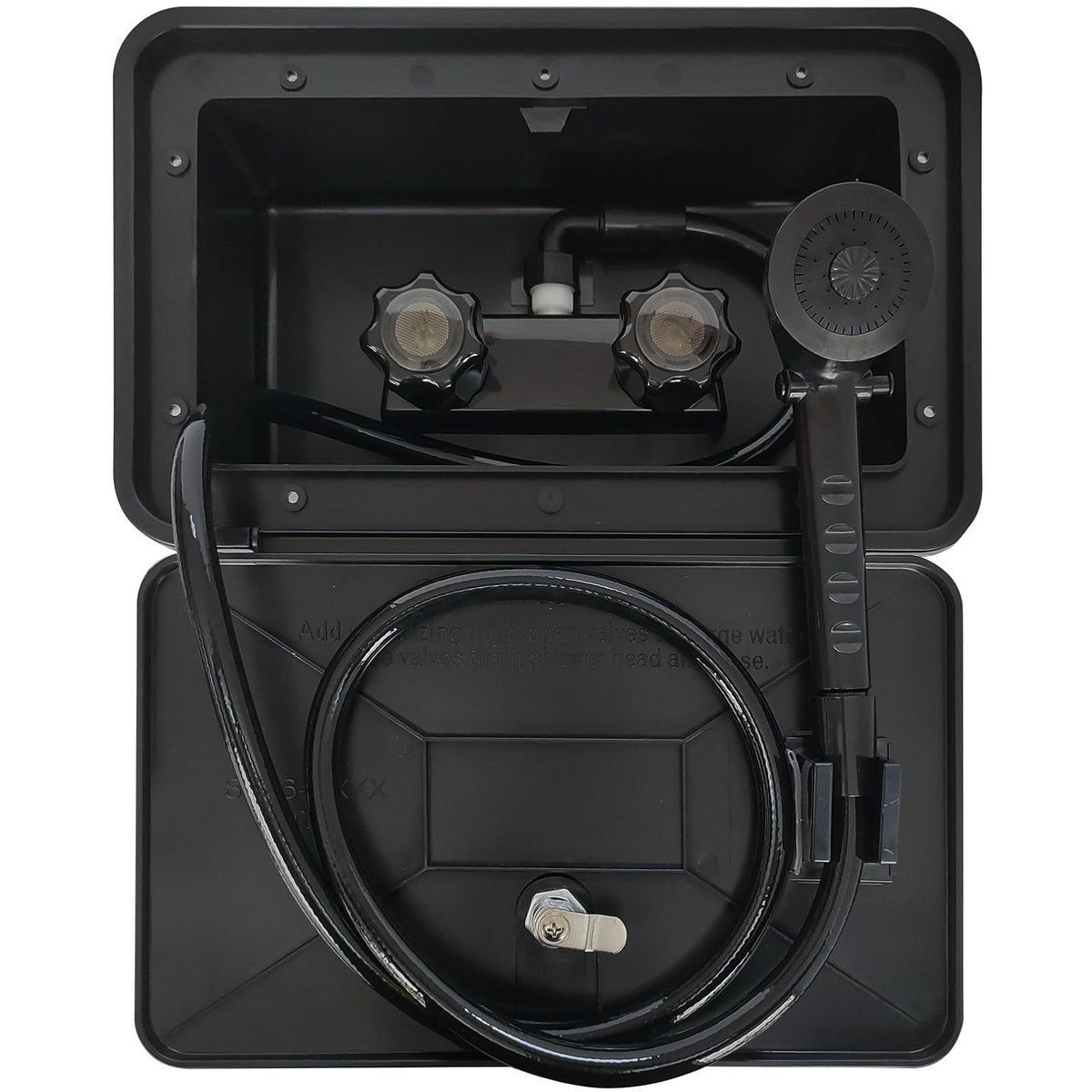 EXCELFU exterior shower box front view showing compact mount and clean design for easy installation