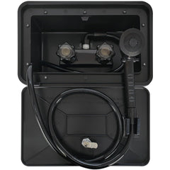 EXCELFU exterior shower box front view showing compact mount and clean design for easy installation