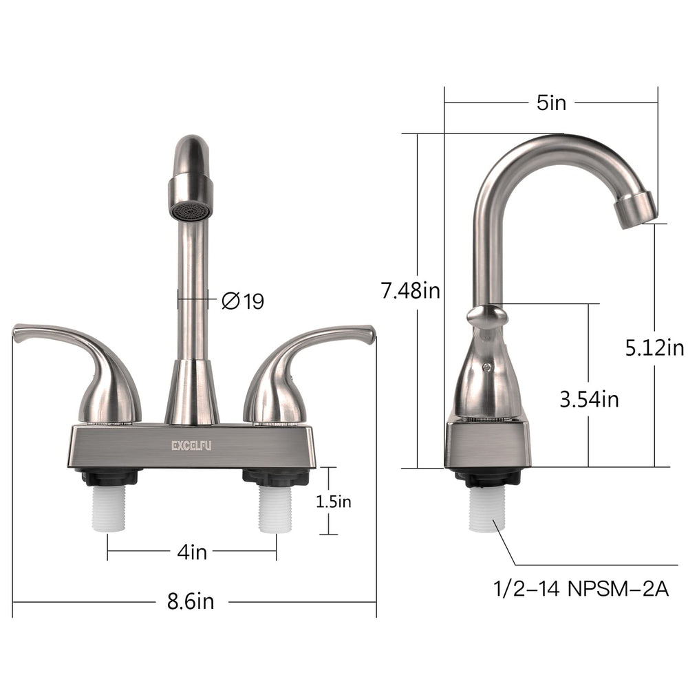 EXCELFU faucet beside ruler showing scale for standard 4 inch RV fit