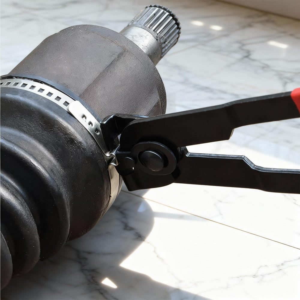 Exclaith clamp installed on CV boot demonstrating secure fit and leak-resistant fastening benefit