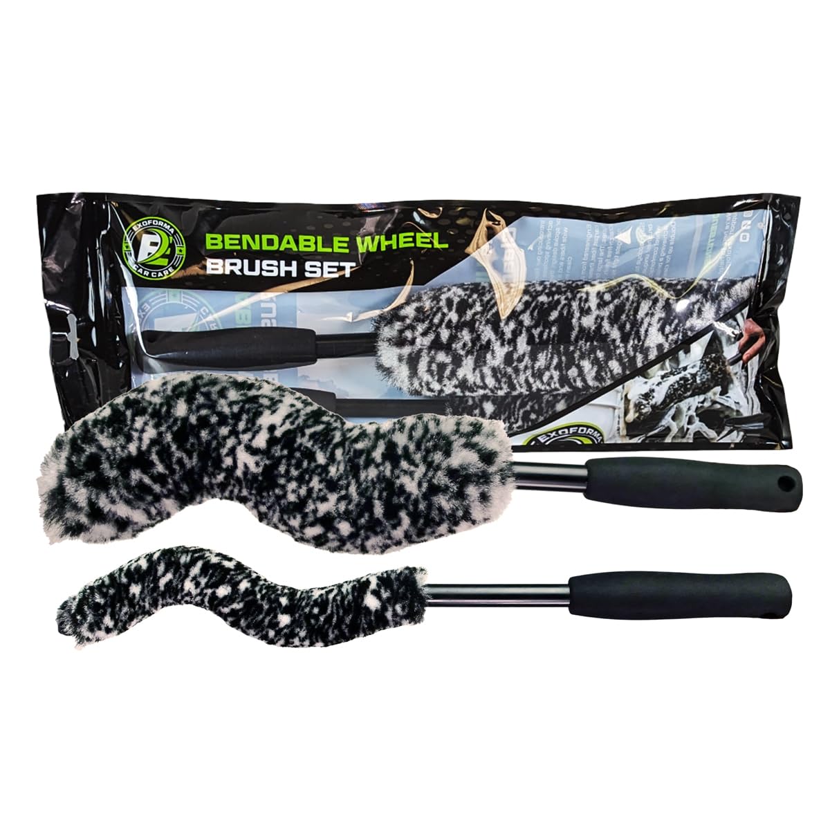 ExoForma front view showing two-piece bendable brush set and packaging, easy storage benefit