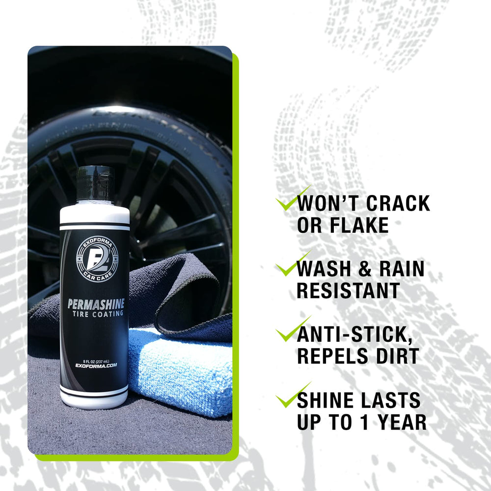 Side-by-side tire before and after ExoForma showing improved cleanliness and gloss
