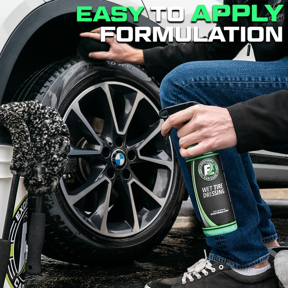 ExoForma before-and-after wheel showing high-gloss wet tire effect