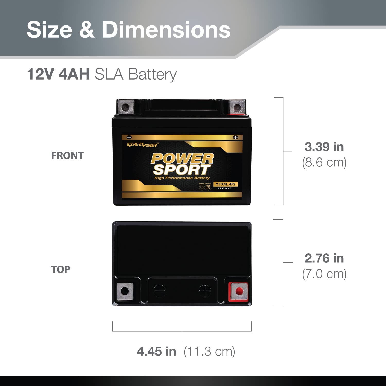 ExpertPower side label and dimensions view helping confirm correct fitment