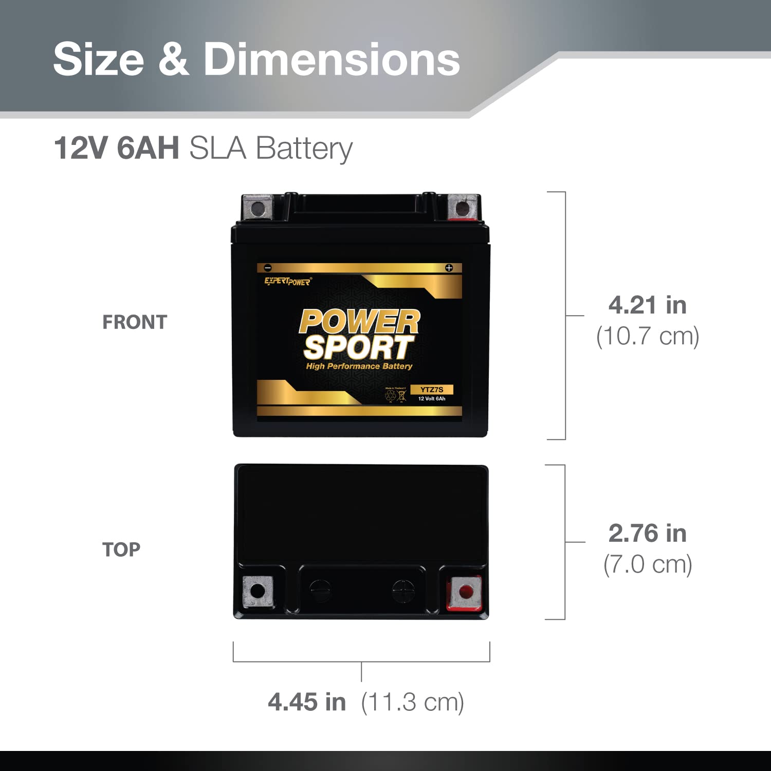 ExpertPower battery side showing compact dimensions for tight motorcycle fitment