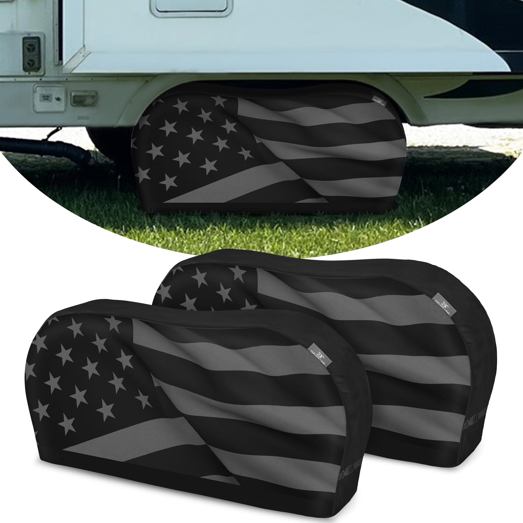 Explore Land front view showing American flag cover protecting tire