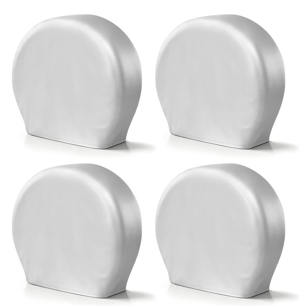 Explore Land front view of four silver tire covers showing neat fit and protection
