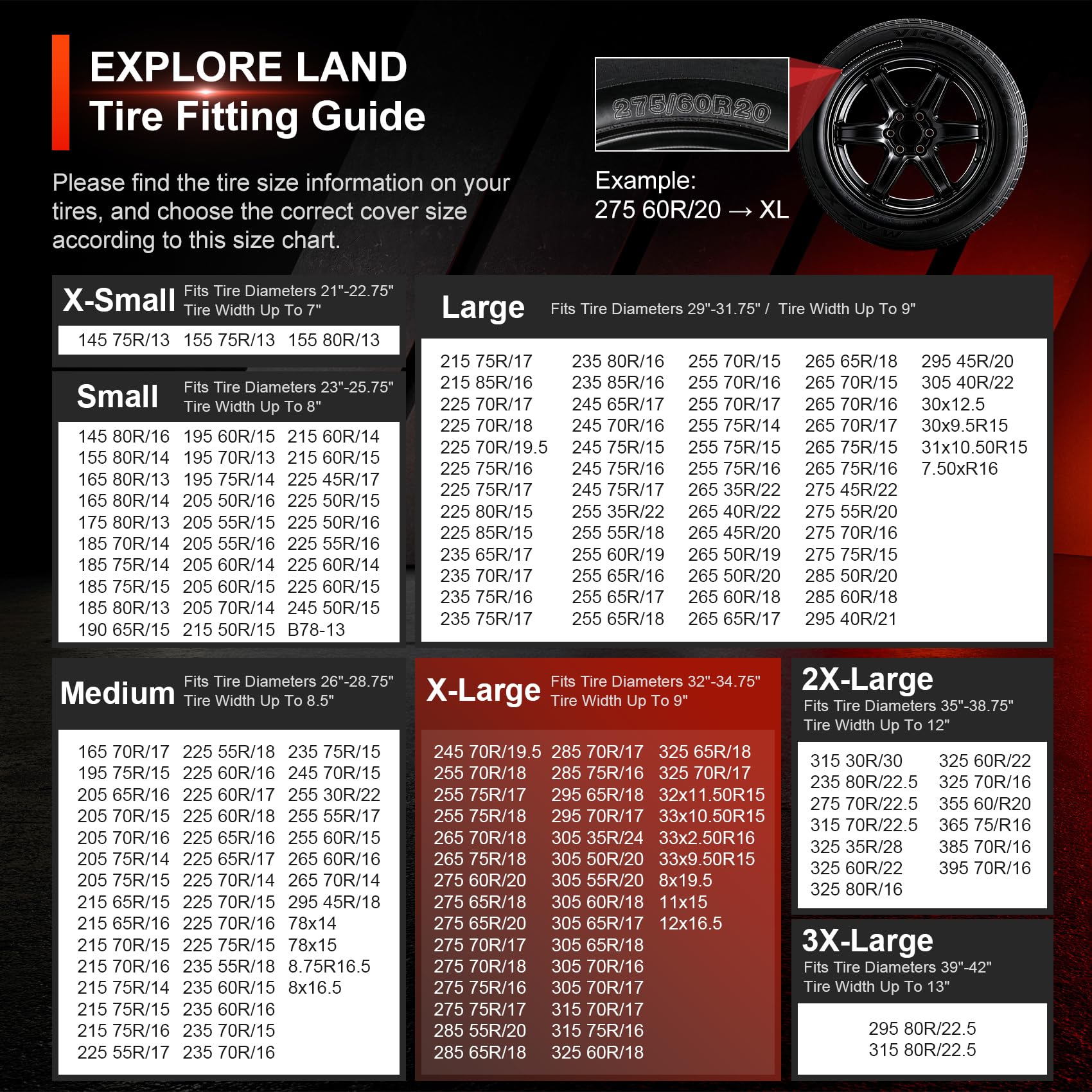 Explore Land size guide label illustration helping measure correct tire fit benefit