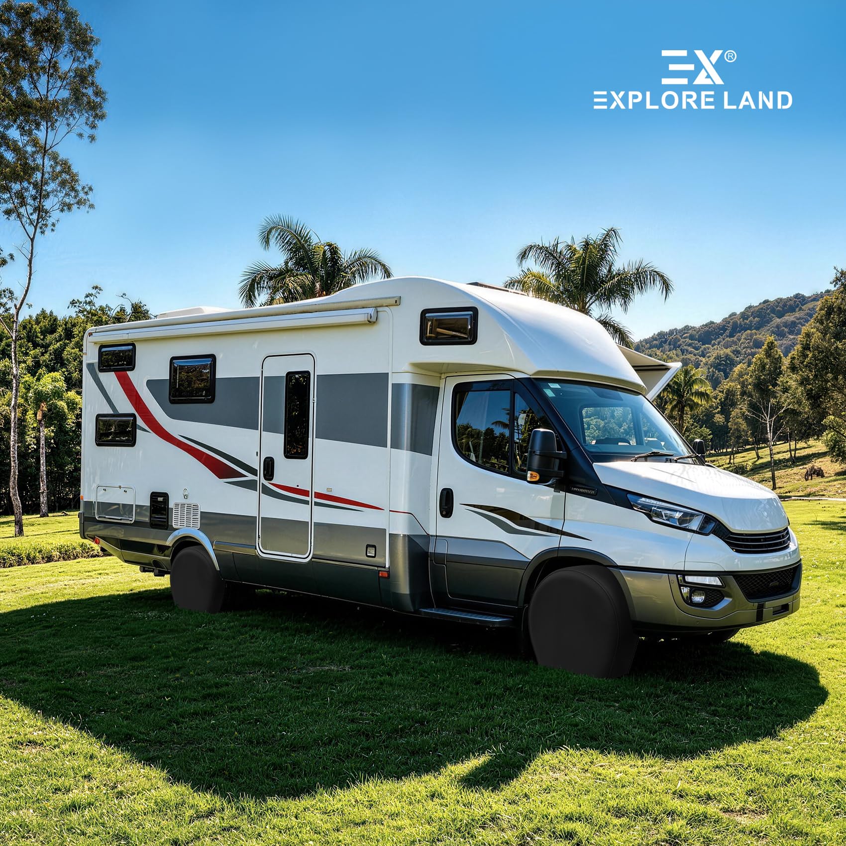 Explore Land tire cover on parked SUV in outdoor setting showing all-season protection
