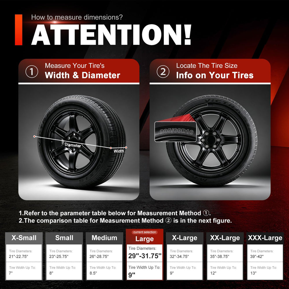 Explore Land tire cover next to ruler showing fit for 29 to 31.75 inch diameters