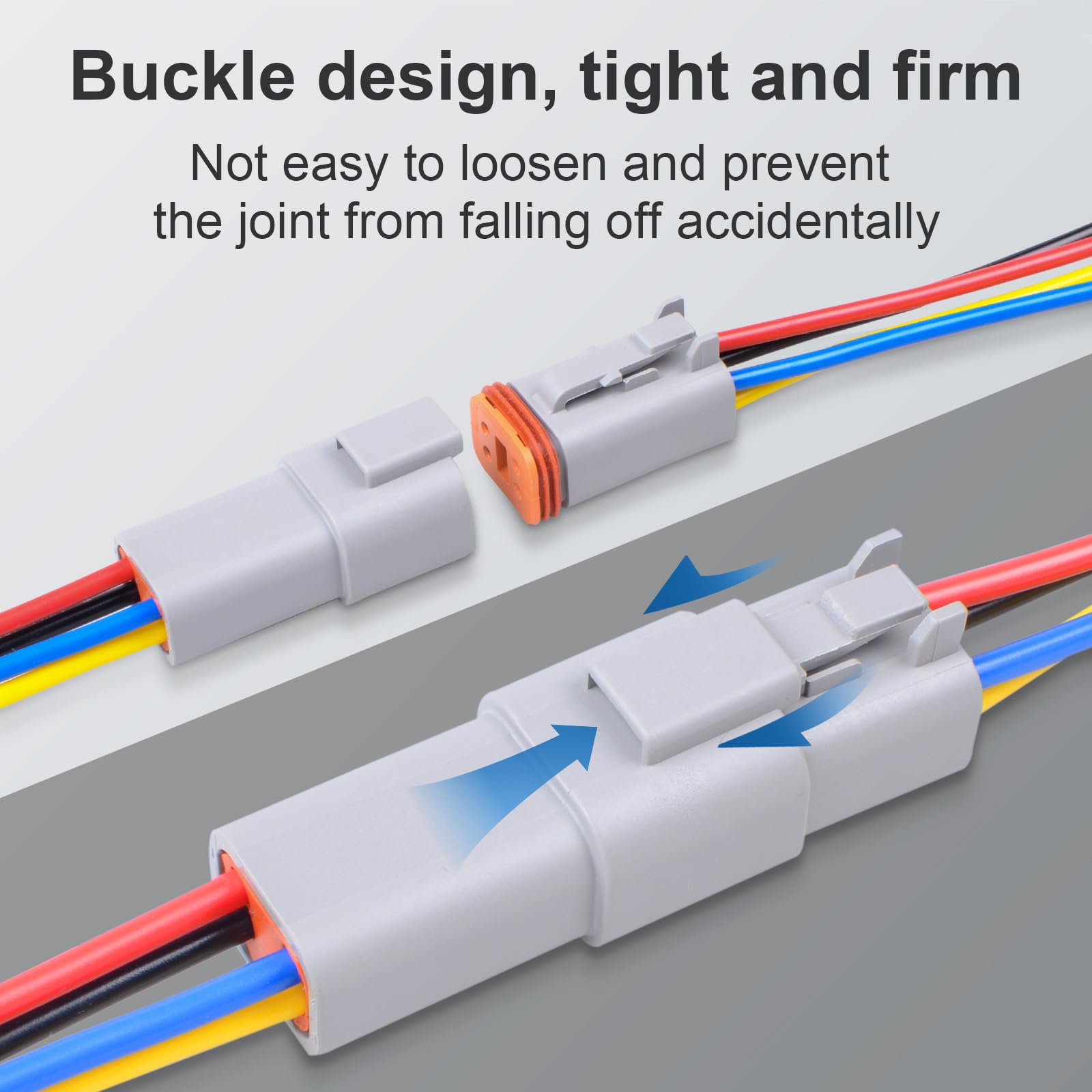 Exqutoo snap-on connector halves engaged showing reliable locking under vibration