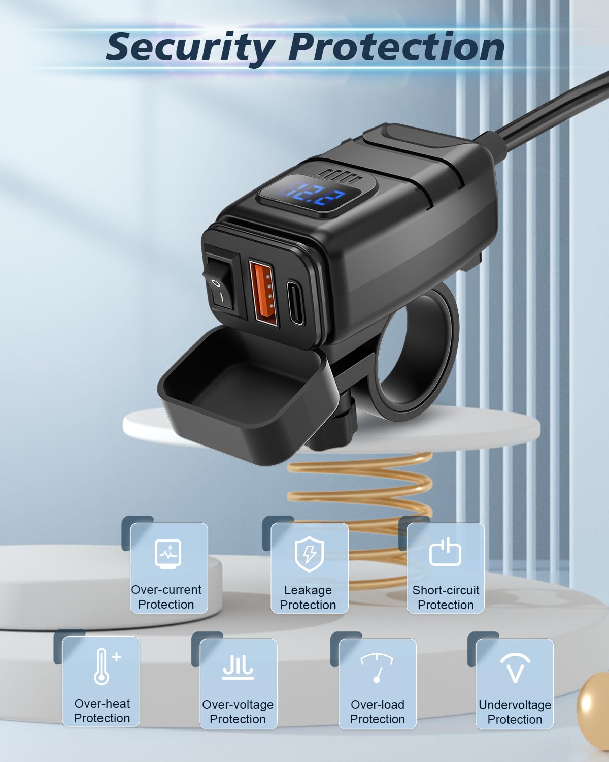 EXTRACTME mounted on motorcycle handlebar while riding, secure charging on the go