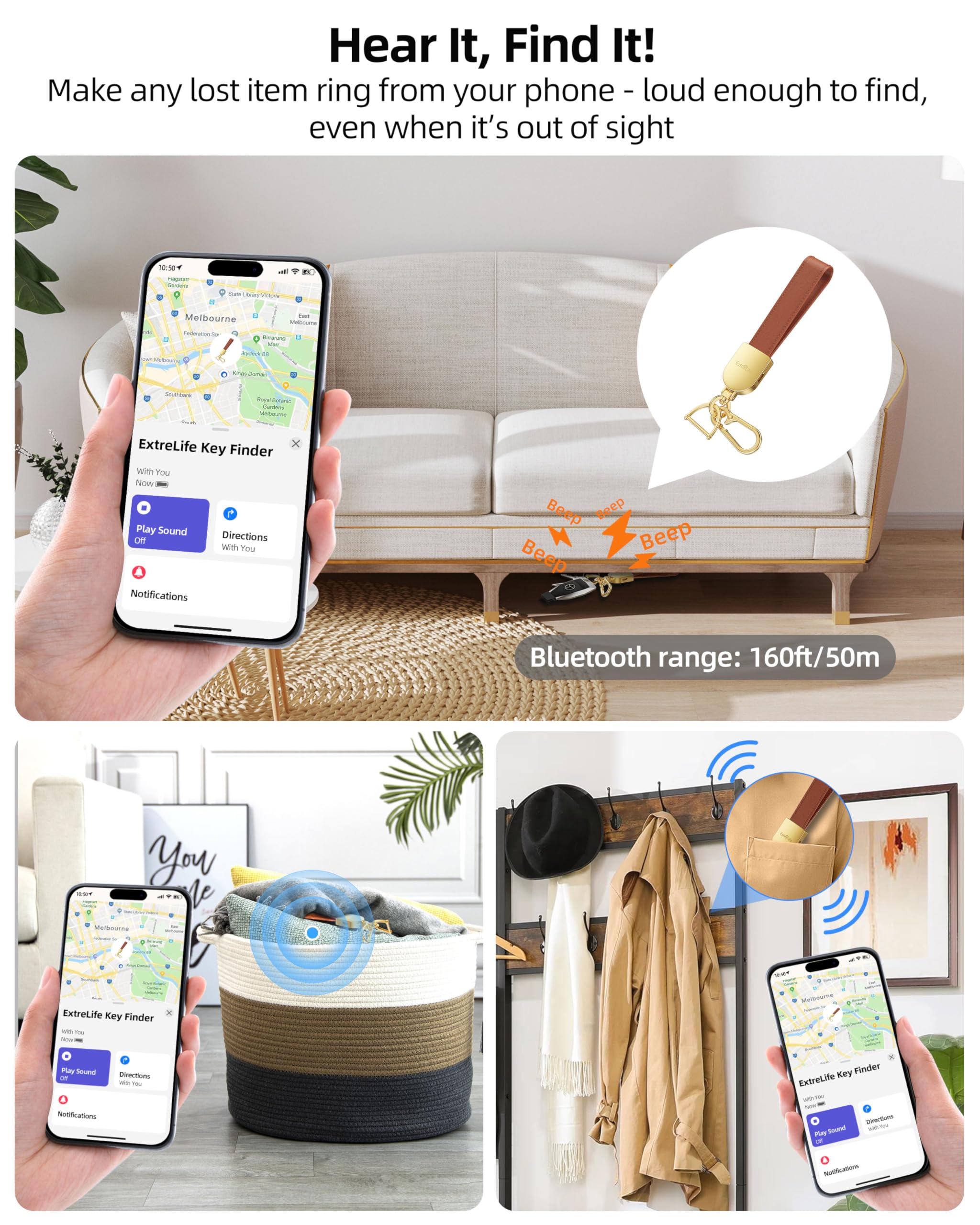 ExtreLife tracker attached to keys demonstrating quick Find My use and audible beep