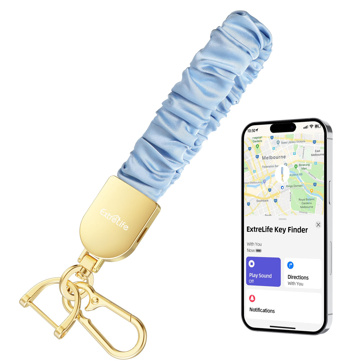 ExtreLife wristlet front view showing tracker and scrunchie band for easy access