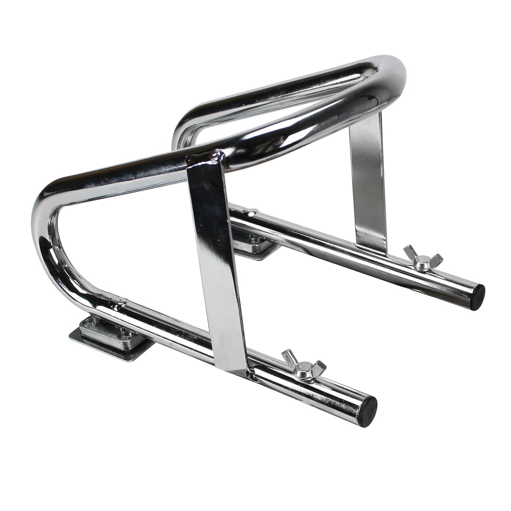 Extreme Max chock in use with a motorcycle front wheel demonstrating stable parking support