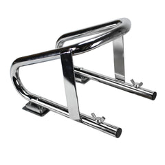 Extreme Max chock in use with a motorcycle front wheel demonstrating stable parking support