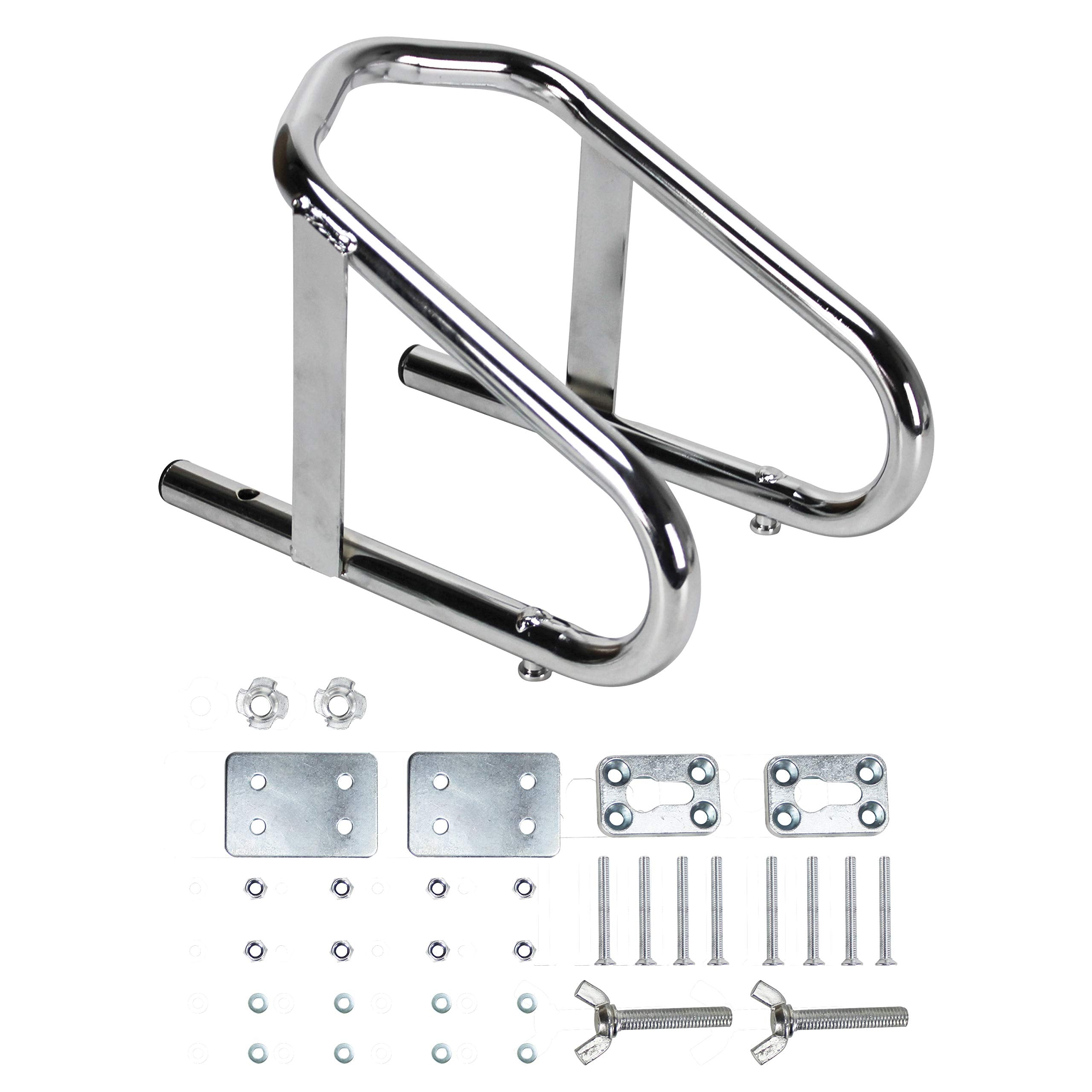 Extreme Max Deluxe Chrome front view showing polished chock securing a tire and easy access