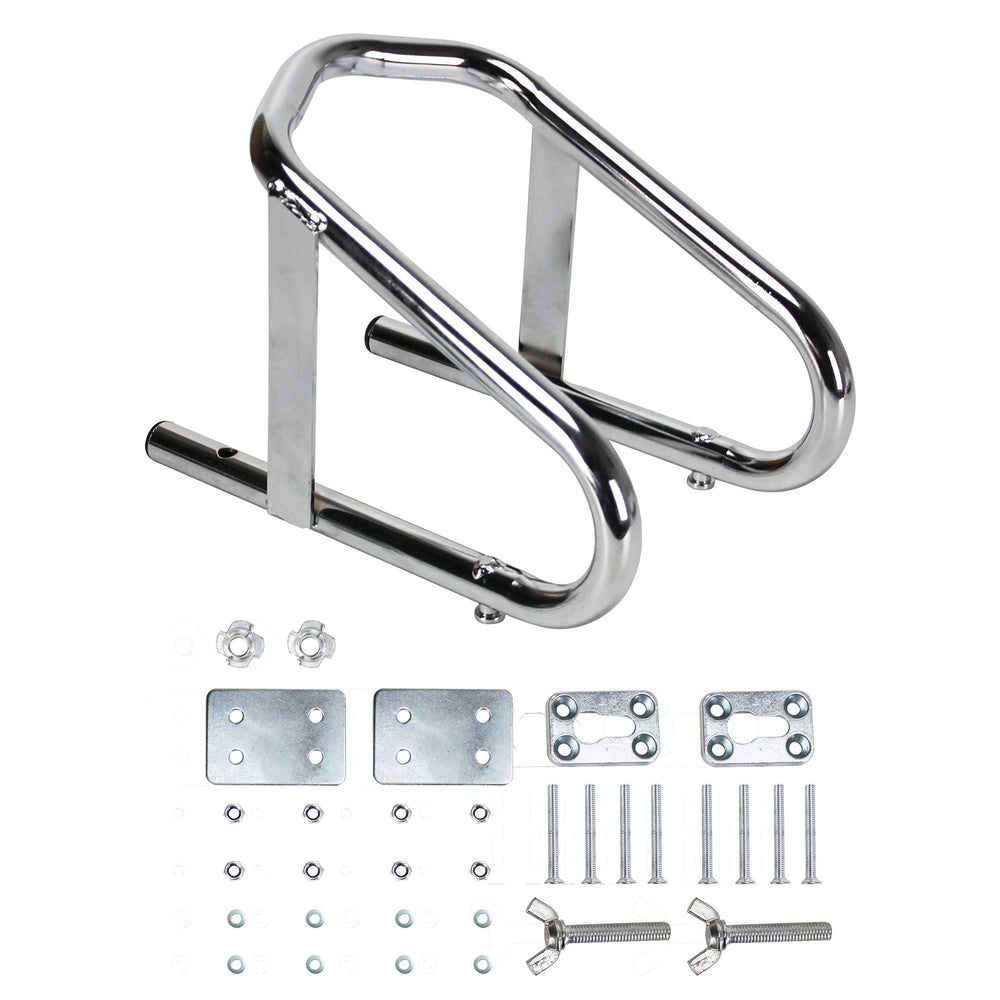 Extreme Max Deluxe Chrome front view showing polished chock securing a tire and easy access
