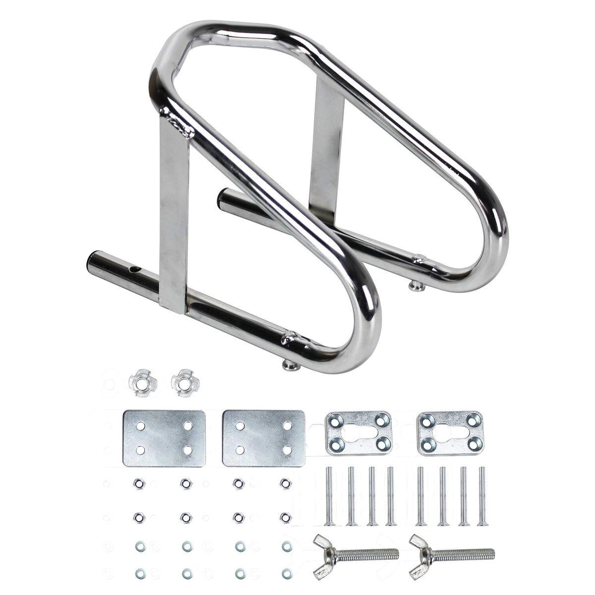 Extreme Max Deluxe Chrome front view showing polished chock securing a tire and easy access