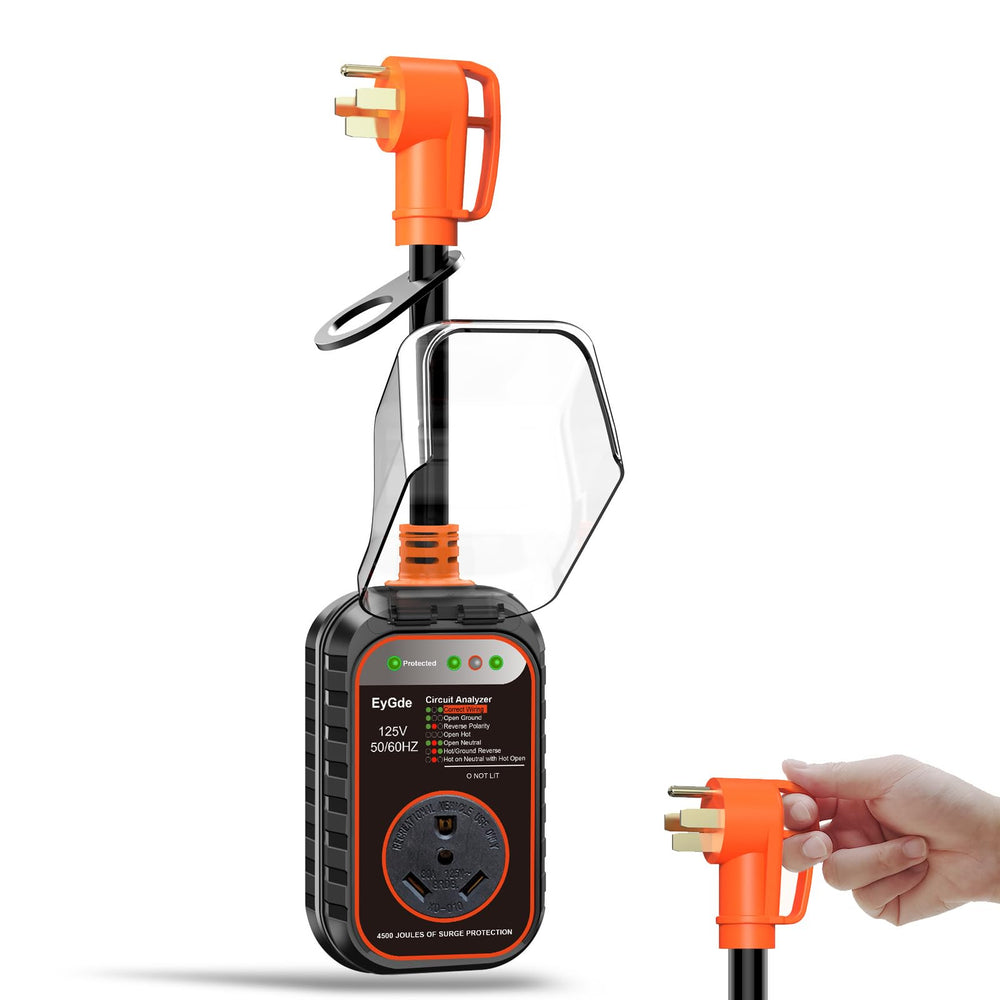 EyGde front plug showing NEMA 14-50P to TT-30R adapter and robust casing benefit safety