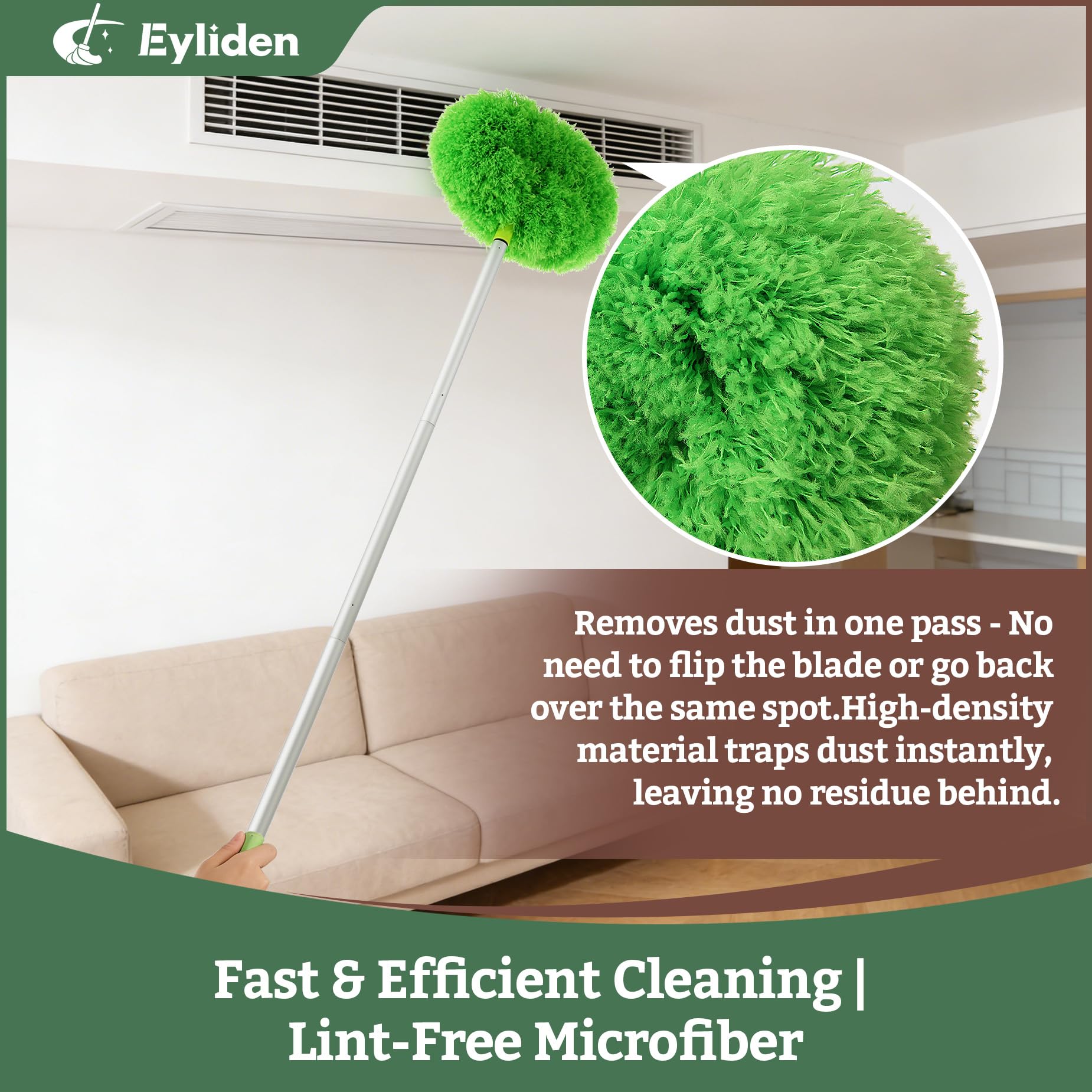 Eyliden extended pole reaching a ceiling fan to demonstrate ladder-free high cleaning
