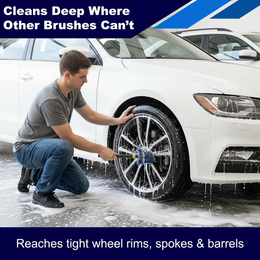 EZ Detail Go Brush inside wheel barrel demonstrating precise access