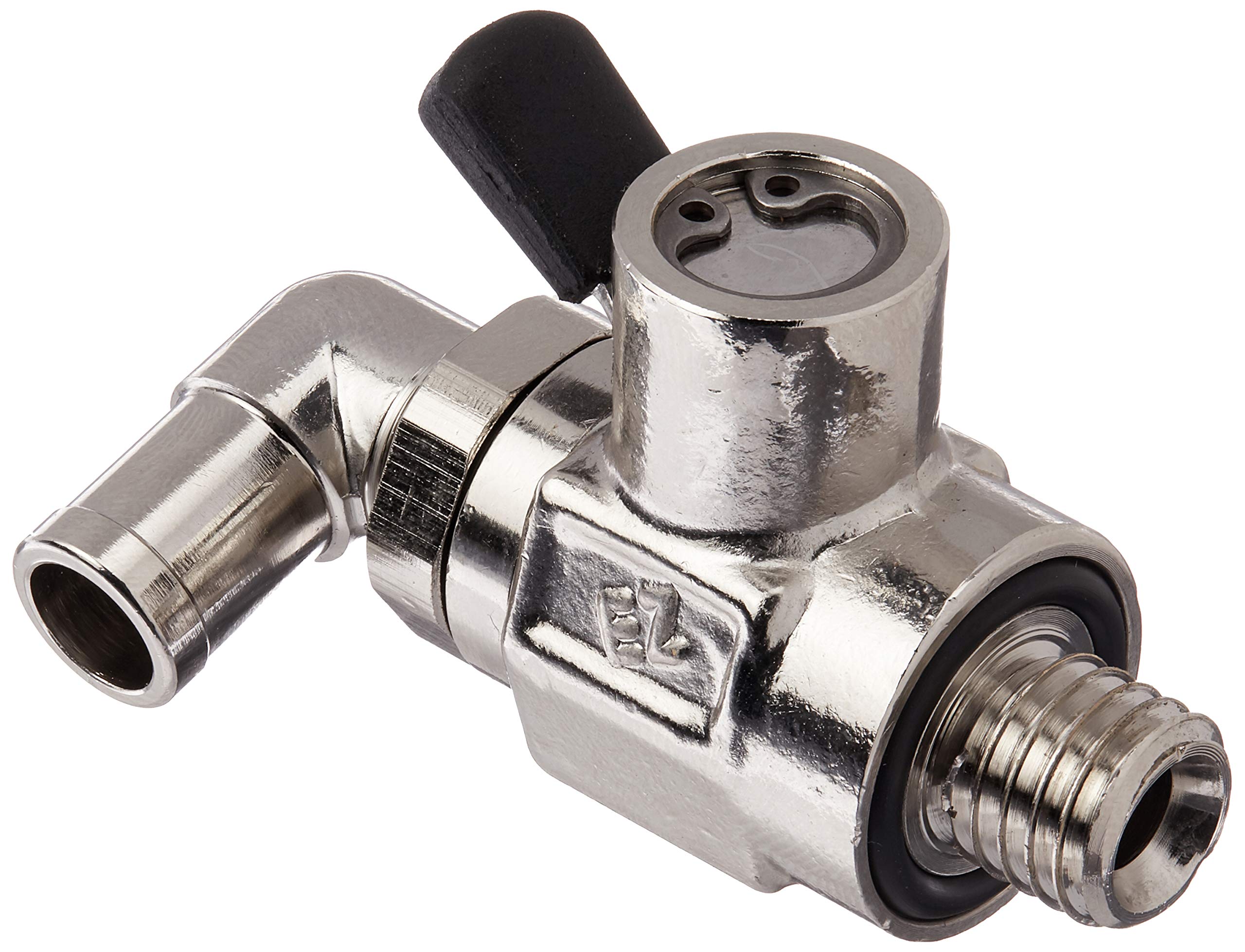 EZ Oil Drain Valve front view showing lever and hose end for faster oil changes