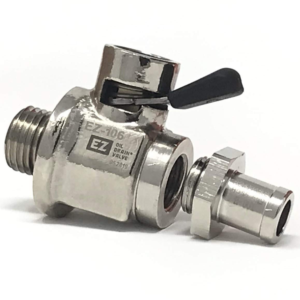 EZ Oil Drain Valve front view showing lever and hose end, promotes quick clean drains