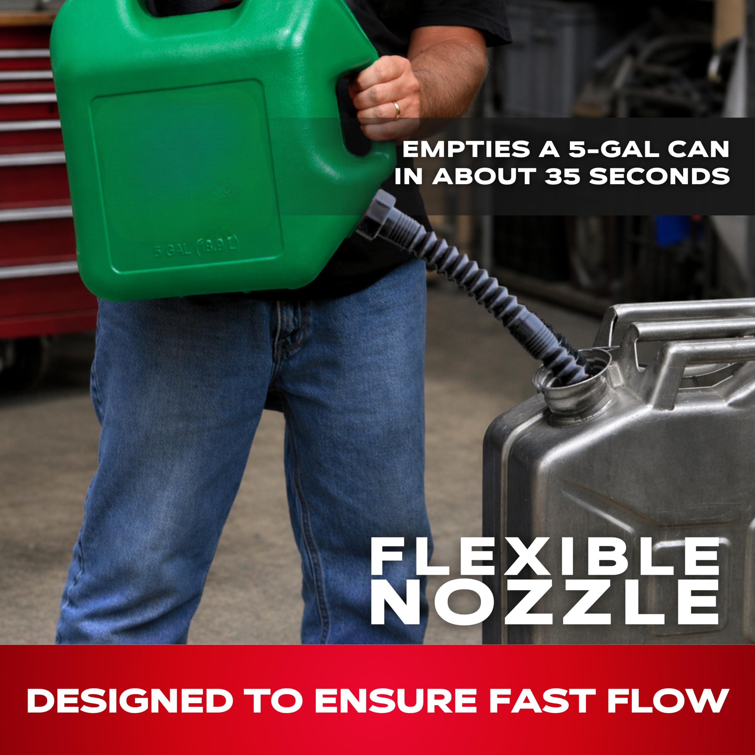 EZ-POUR spout in use filling a generator with spill-free flow
