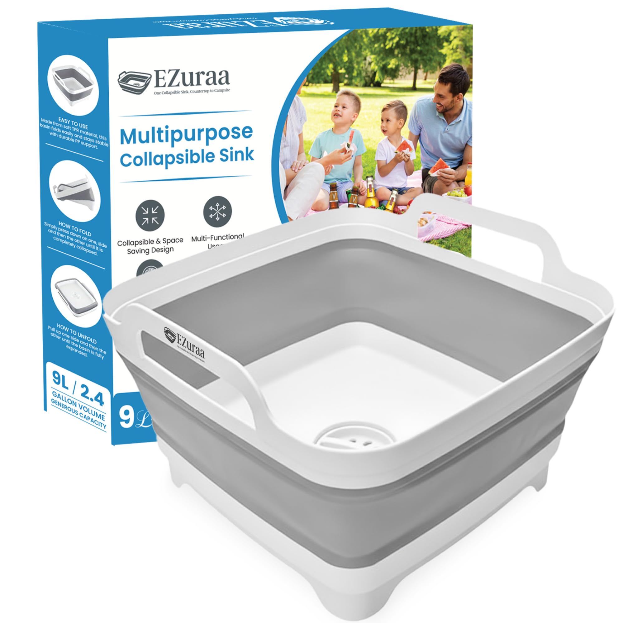 EZuraa front view collapsed and expanded showing space-saving benefit