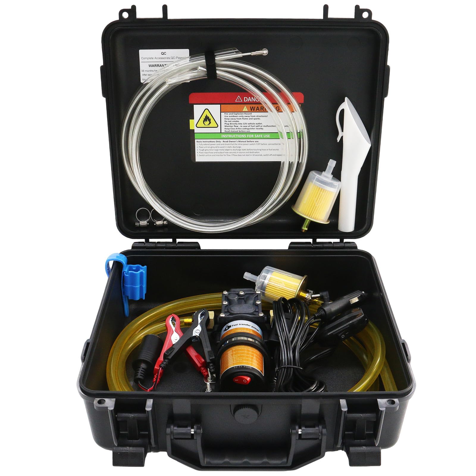 FACFUEL front view of portable 12V 75W fuel transfer pump kit showing components and portability benefits