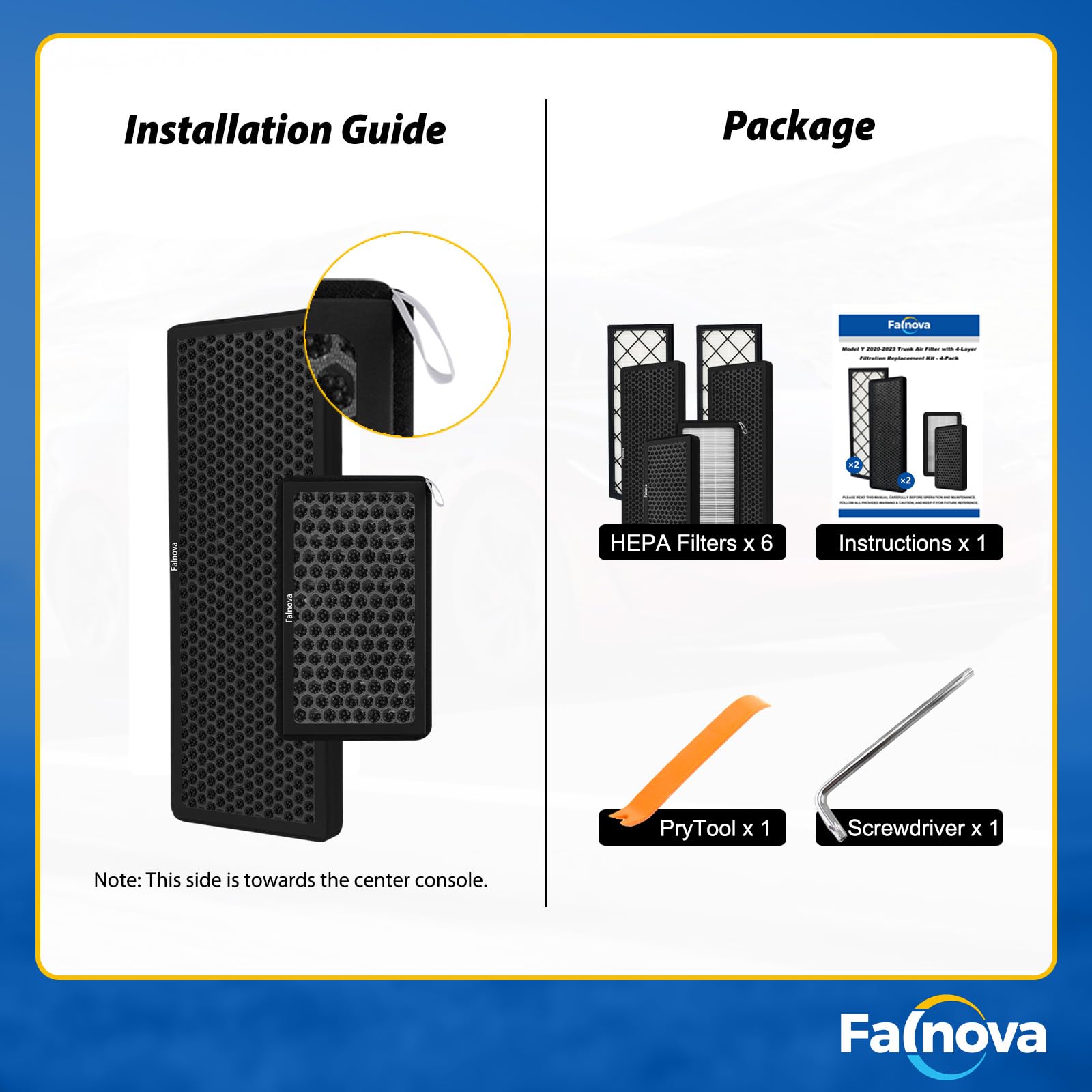 Falnova filter beside Tesla key to show size and fitment clarity benefit