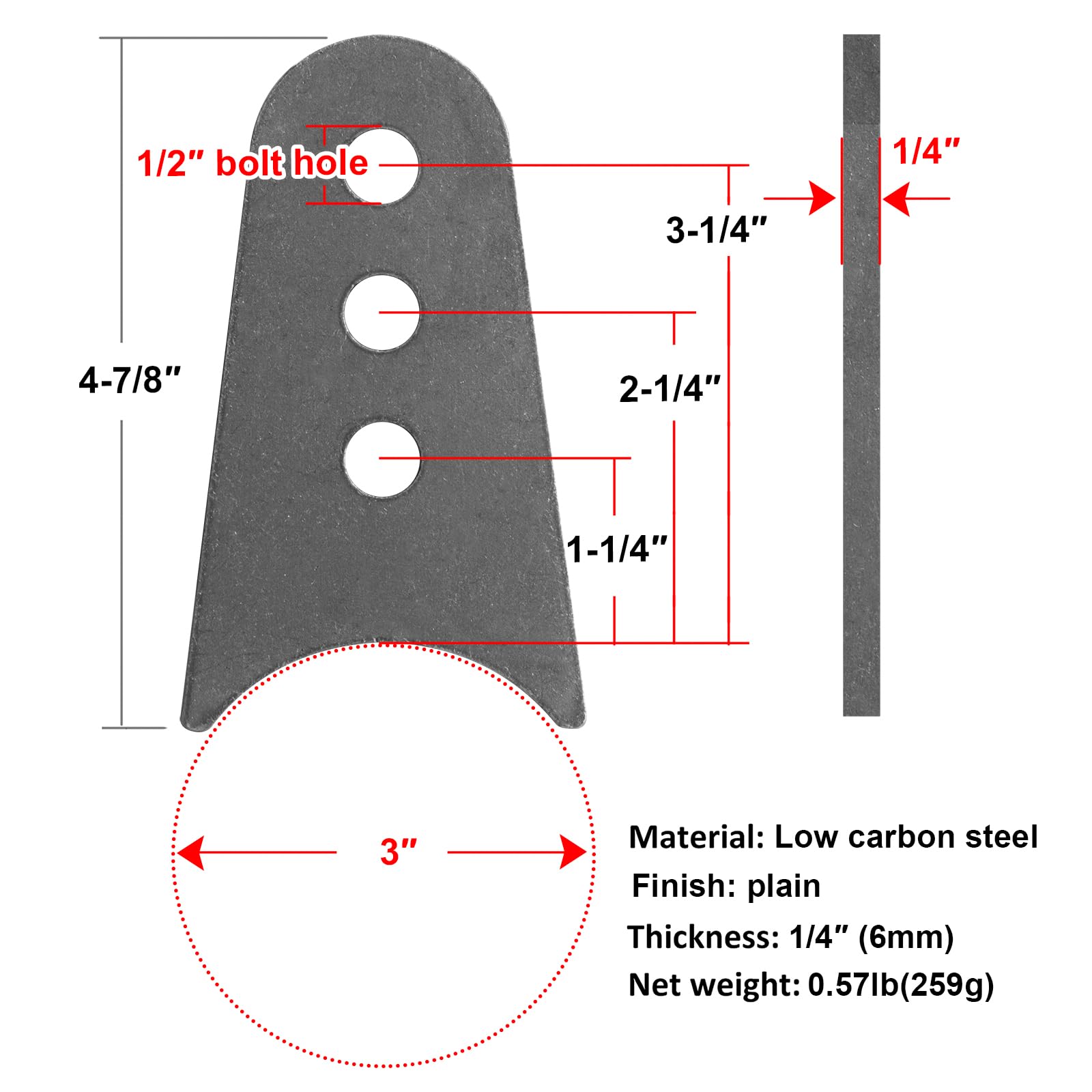 Fanmao close-up of 1/2" hole and 1/4" plate thickness for secure bolting