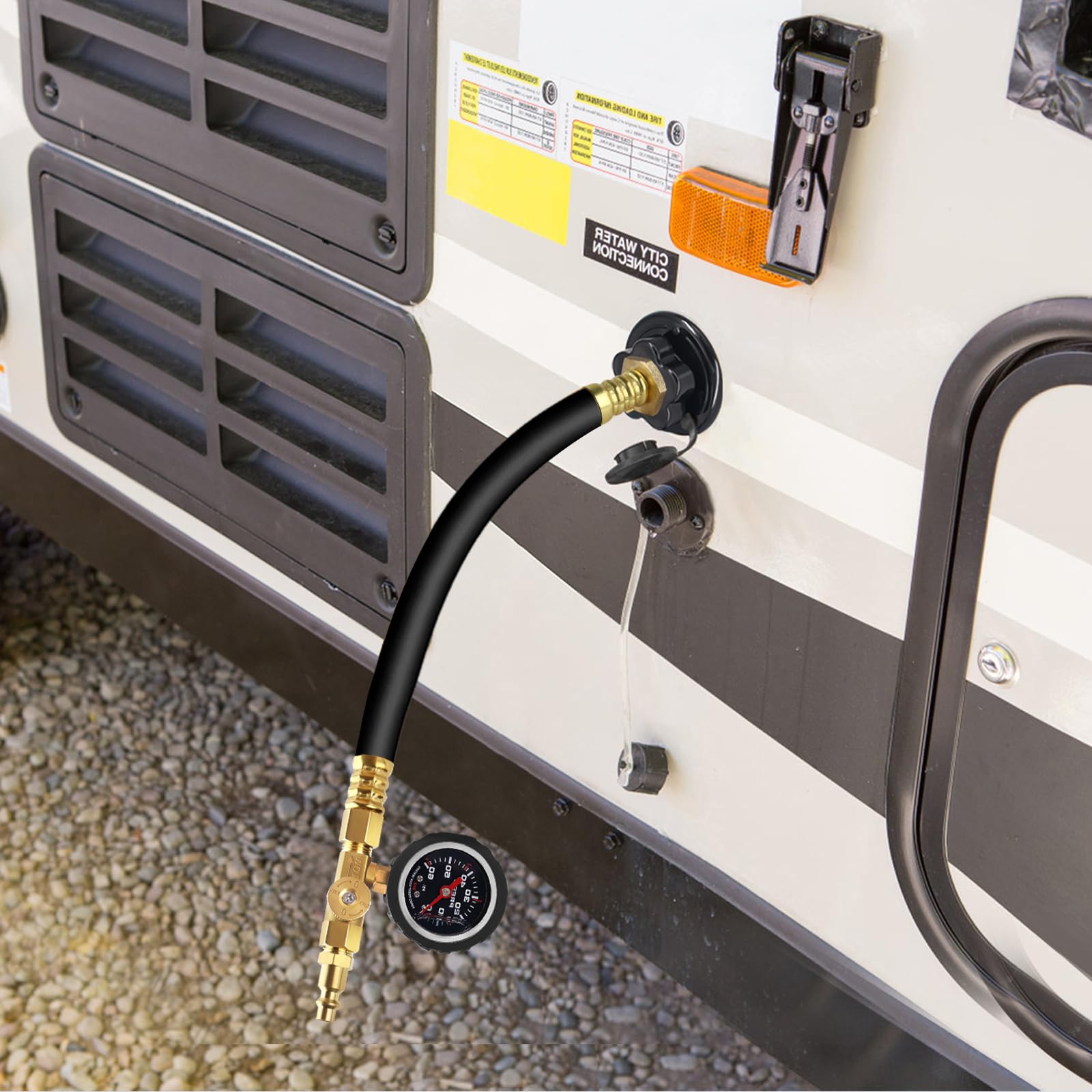 FANOVO connection to RV fill port illustrating easy attachment and safe blow-out