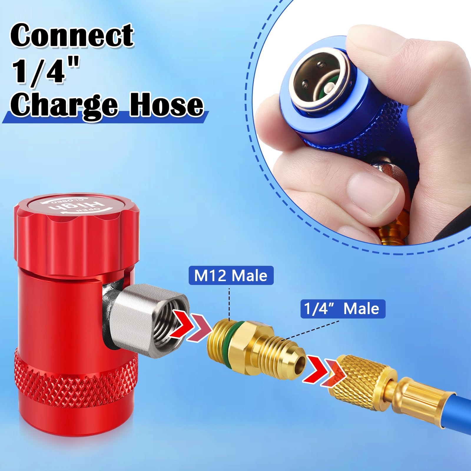 FANOVO tank adapter and valve-core tool displayed to allow hose compatibility and service