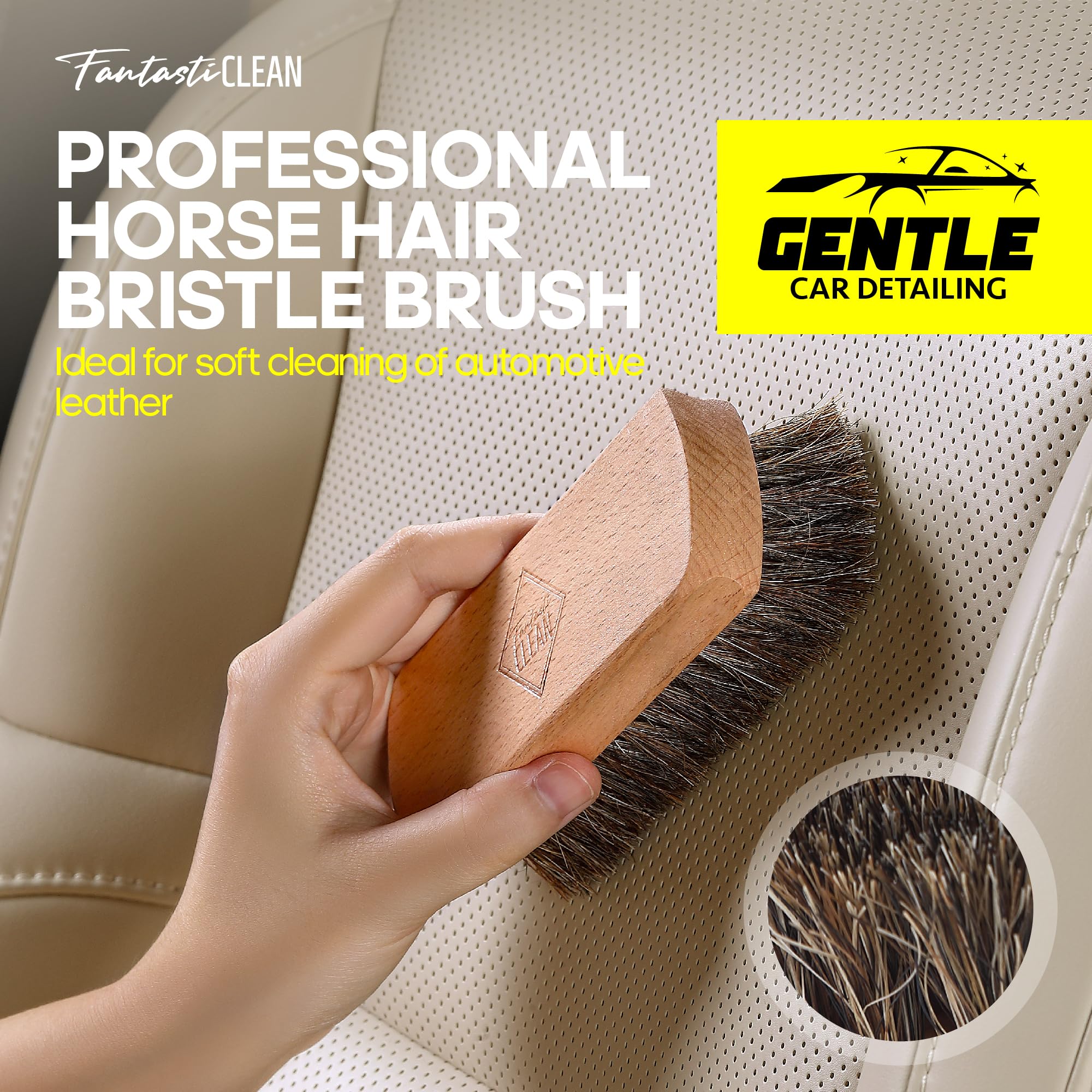 Fantasticlean natural wood brushes on leather demonstrating gentle care and precision